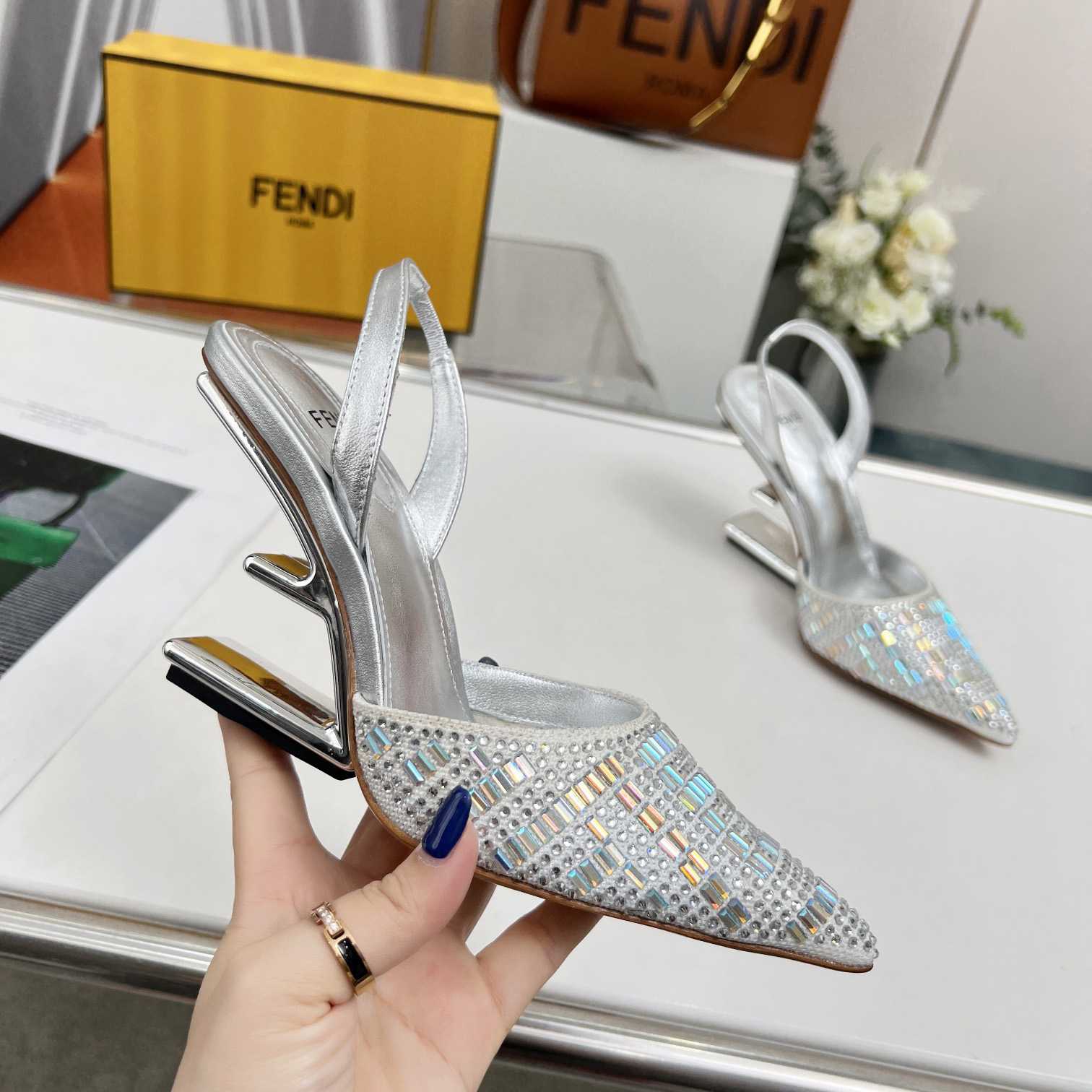 Fendi First Silver-colored Rhinestone High-heeled Slingbacks - DopestKickz