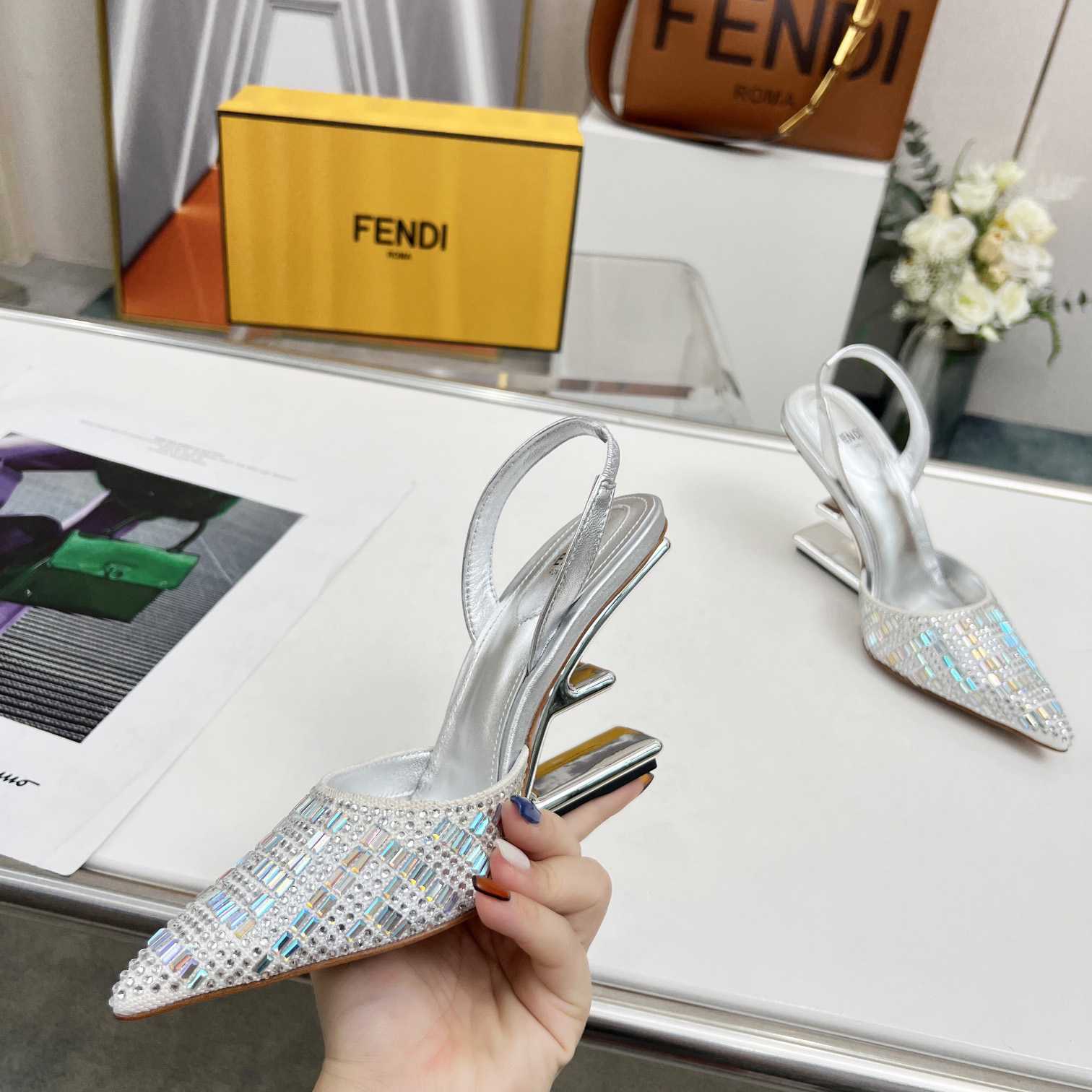 Fendi First Silver-colored Rhinestone High-heeled Slingbacks - DopestKickz