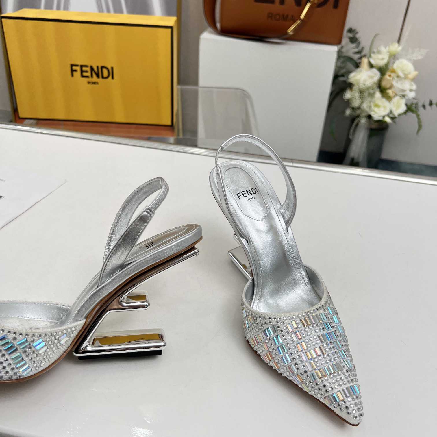 Fendi First Silver-colored Rhinestone High-heeled Slingbacks - DopestKickz