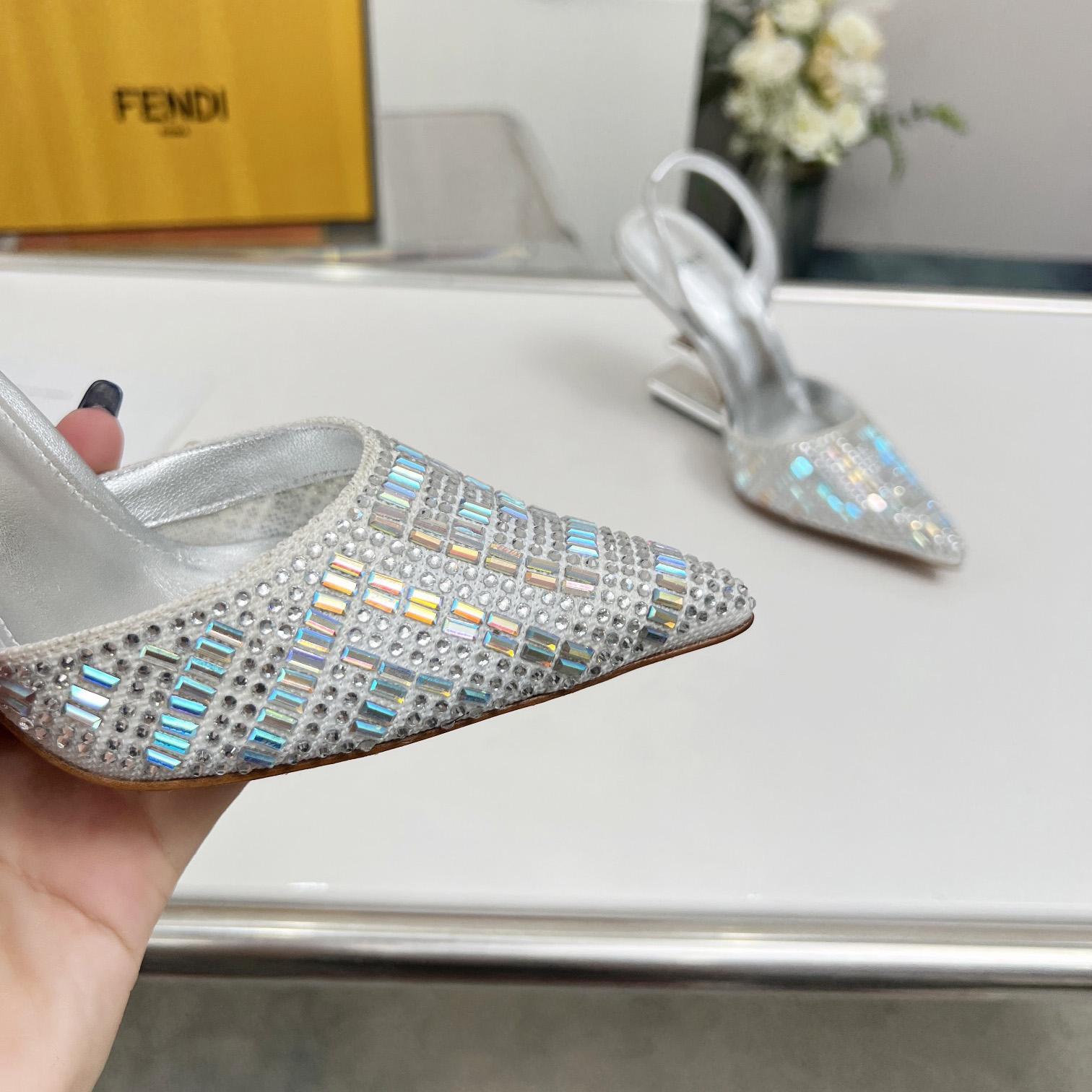 Fendi First Silver-colored Rhinestone High-heeled Slingbacks - DopestKickz