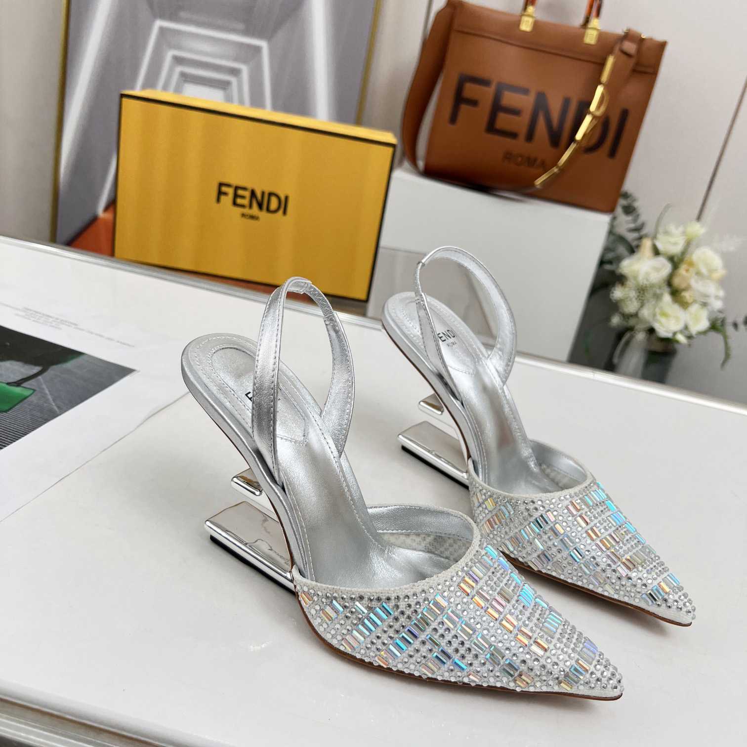 Fendi First Silver-colored Rhinestone High-heeled Slingbacks - DopestKickz