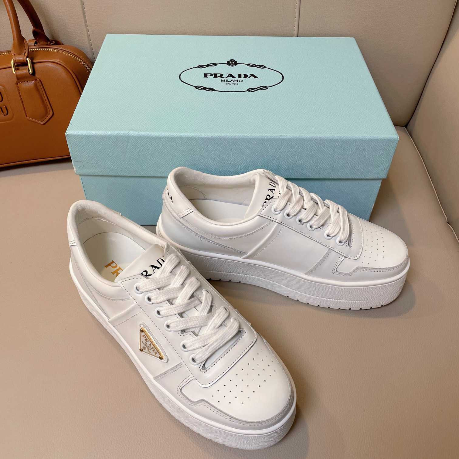 Prada Downtown Bold Leather Sneakers - DopestKickz