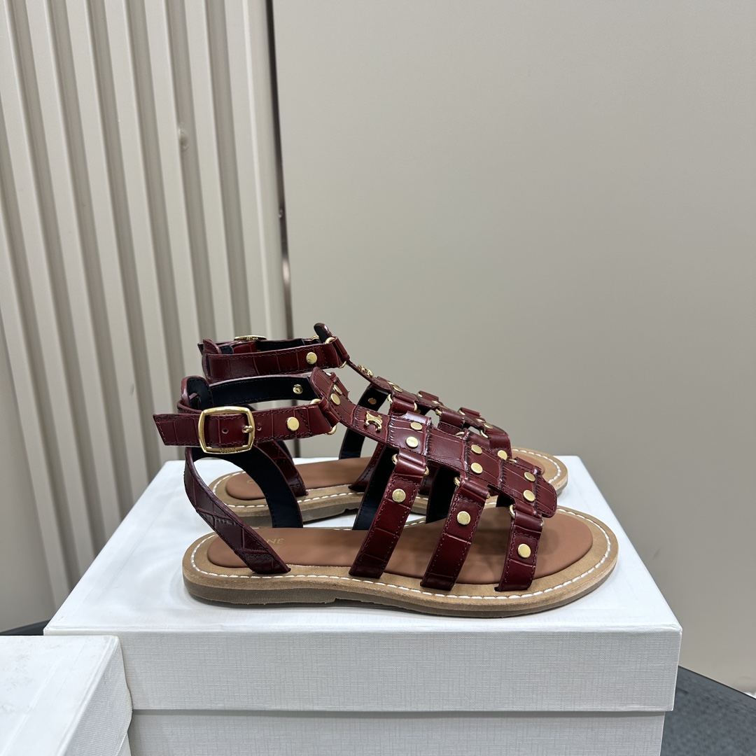 Celine Lympia Gladiator Sandal In Crocodile Stamped Calfskin Dark Brown - DopestKickz