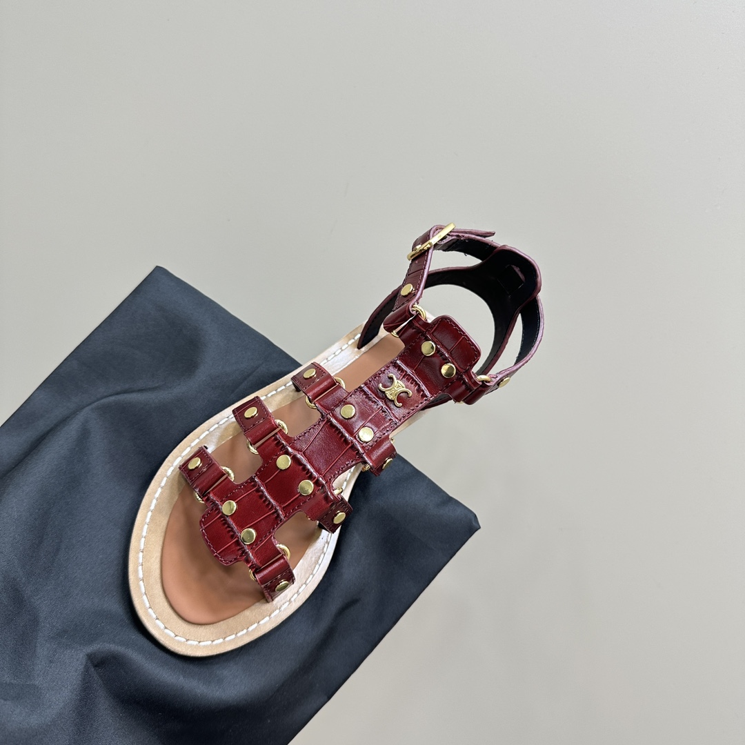 Celine Lympia Gladiator Sandal In Crocodile Stamped Calfskin Dark Brown - DopestKickz
