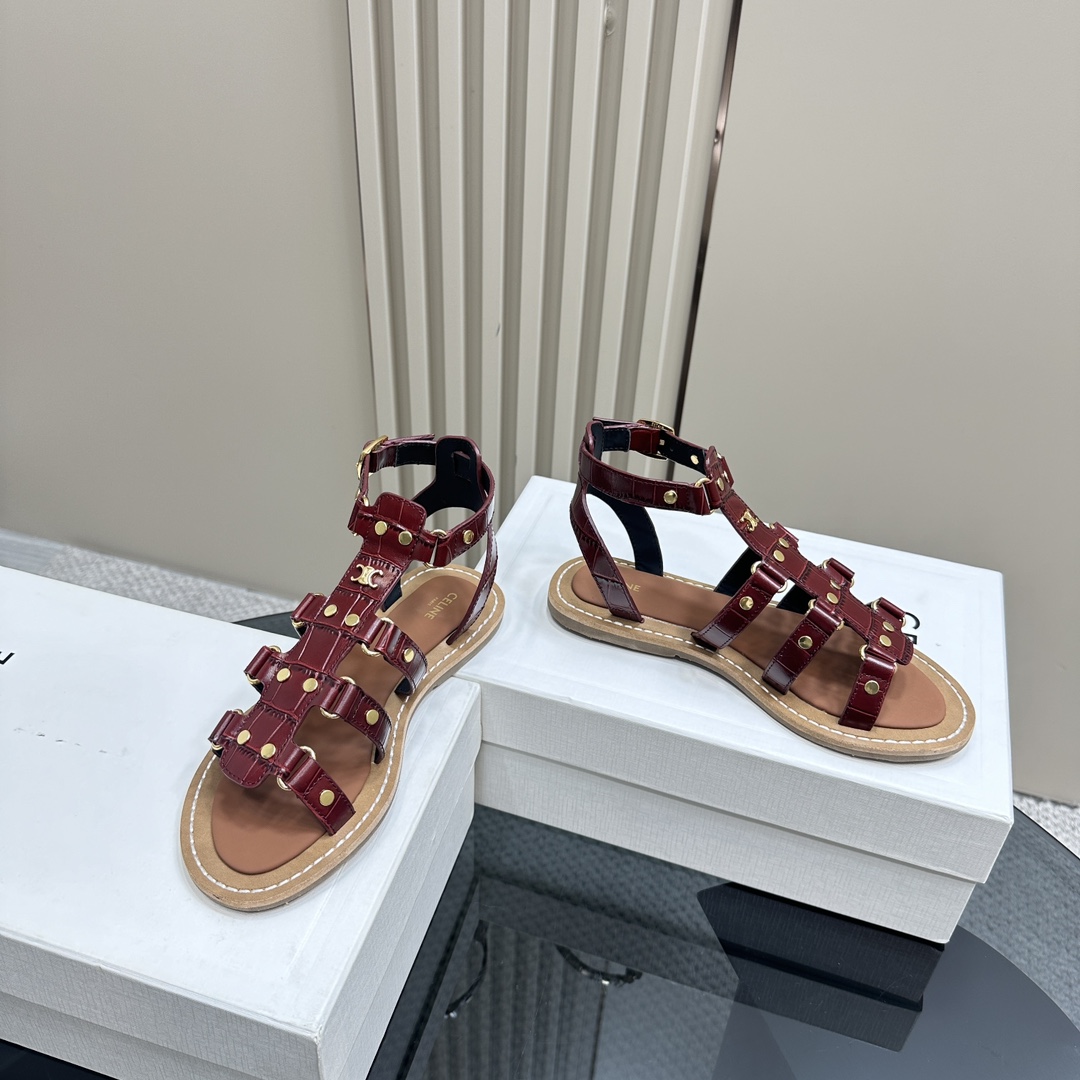 Celine Lympia Gladiator Sandal In Crocodile Stamped Calfskin Dark Brown - DopestKickz