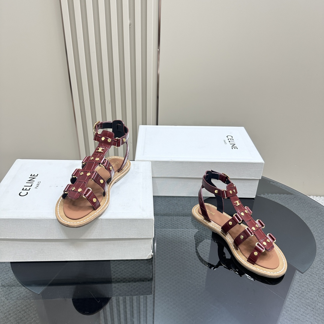 Celine Lympia Gladiator Sandal In Crocodile Stamped Calfskin Dark Brown - DopestKickz