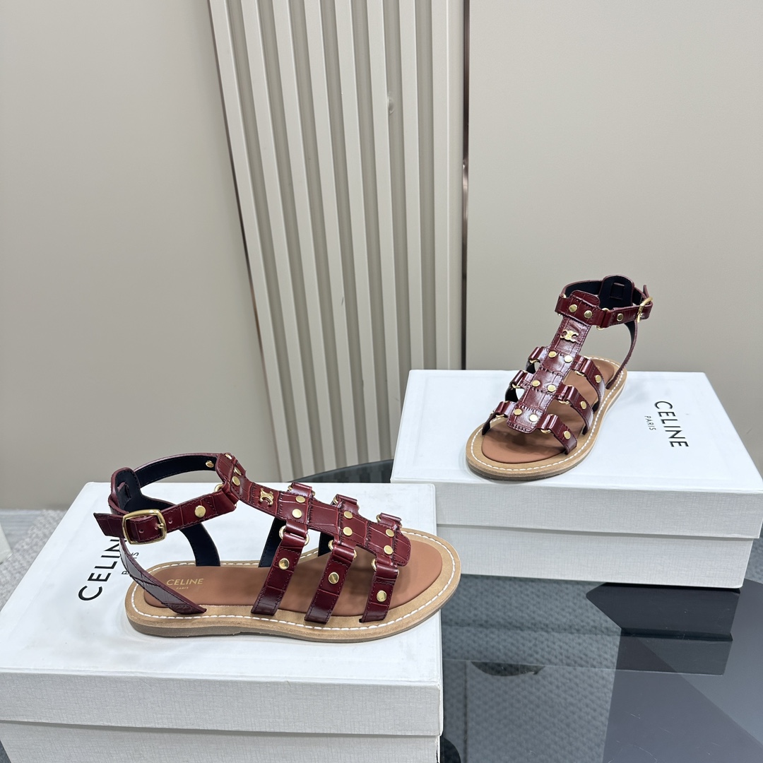 Celine Lympia Gladiator Sandal In Crocodile Stamped Calfskin Dark Brown - DopestKickz