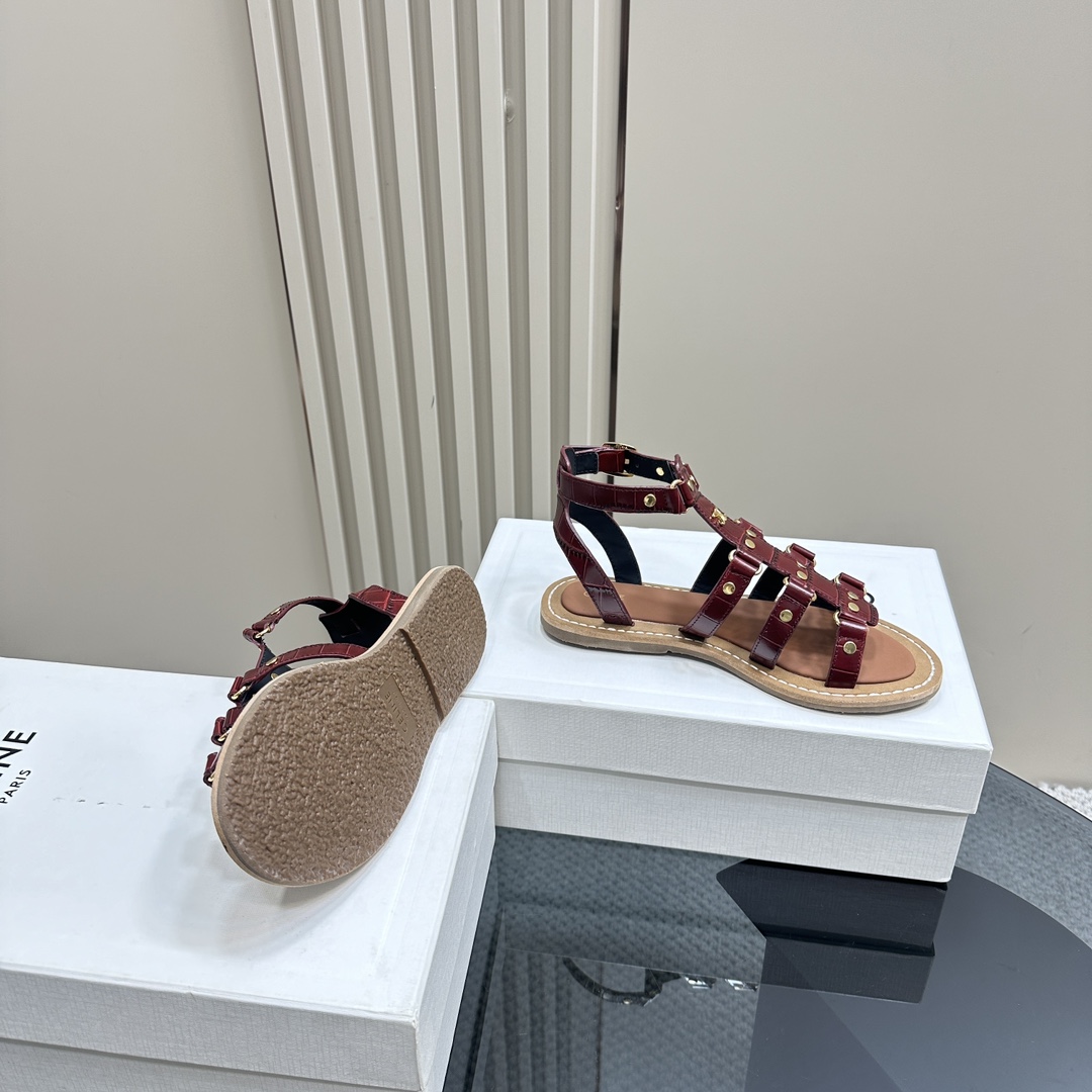 Celine Lympia Gladiator Sandal In Crocodile Stamped Calfskin Dark Brown - DopestKickz