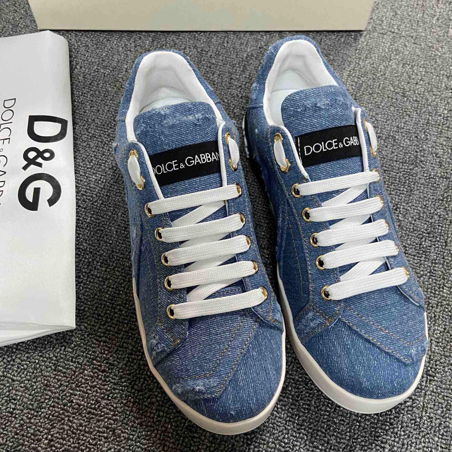 Dolce & Gabbana Portofino Denim Patchwork Trainers In Blue - DopestKickz