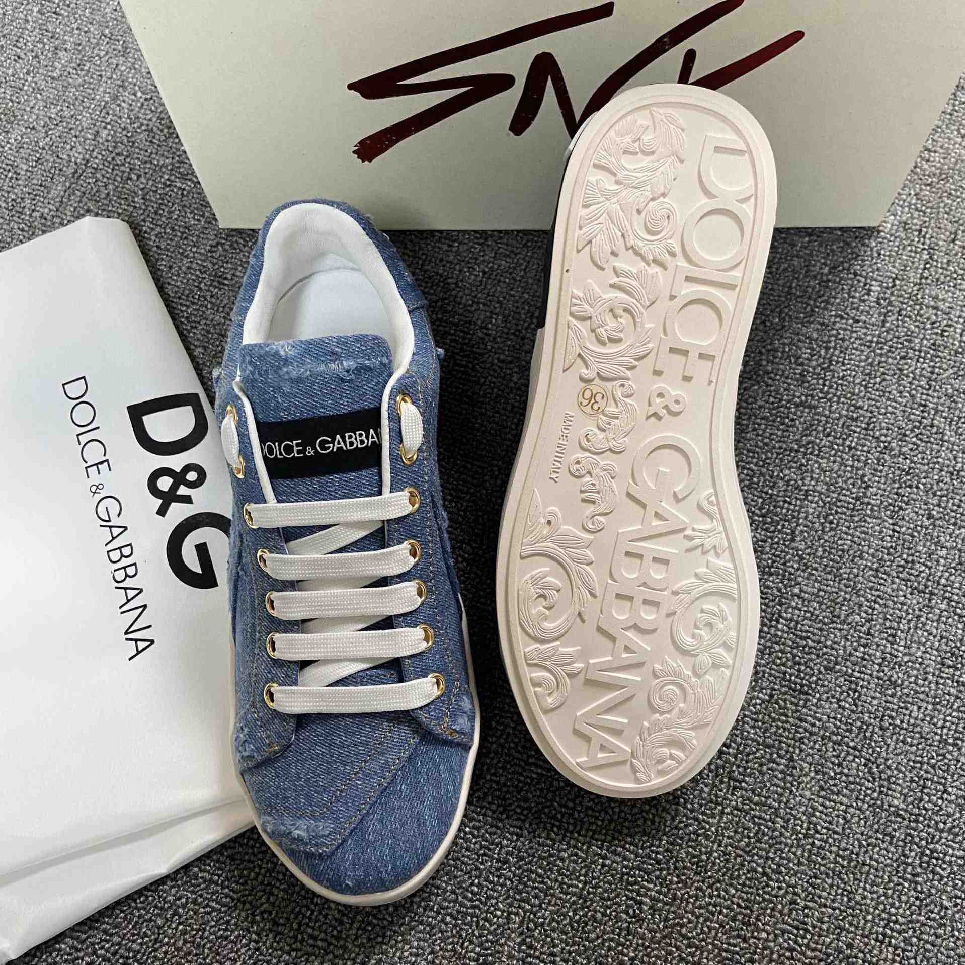 Dolce & Gabbana Portofino Denim Patchwork Trainers In Blue - DopestKickz