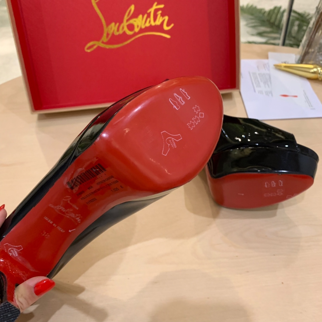 Christian Louboutin Black Patent Leather Peep Toe Stiletto Heels   8.5cm - DopestKickz