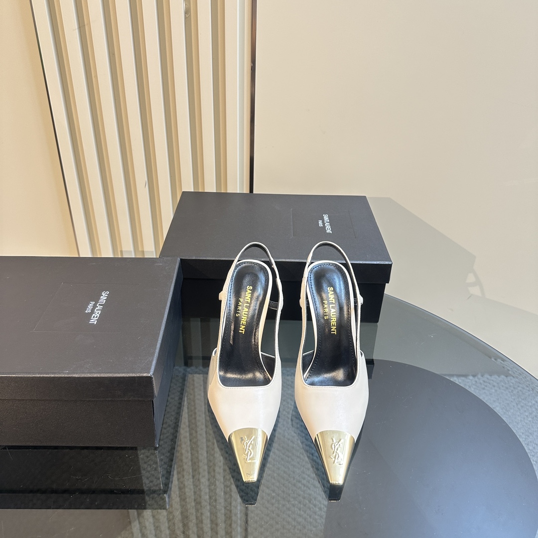 Saint Laurent Women's White Jeanne 100 Leather Slingback Pumps - DopestKickz