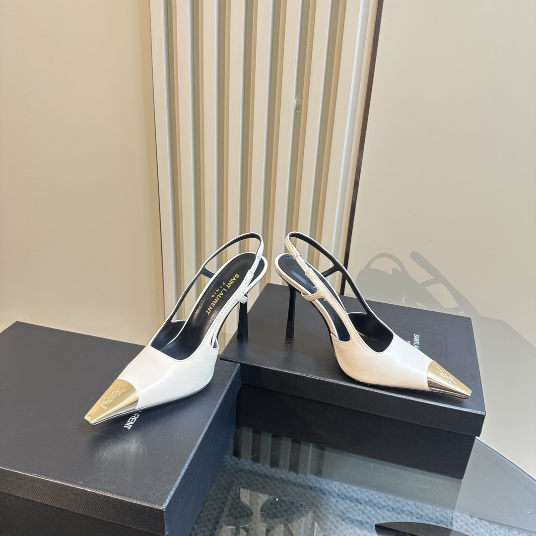Saint Laurent Women's White Jeanne 100 Leather Slingback Pumps - DopestKickz