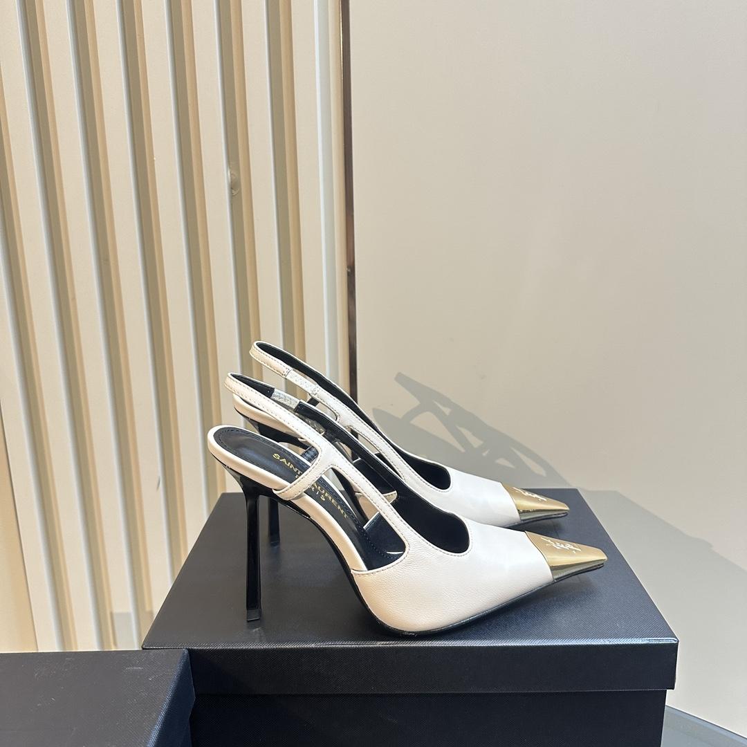Saint Laurent Women's White Jeanne 100 Leather Slingback Pumps - DopestKickz