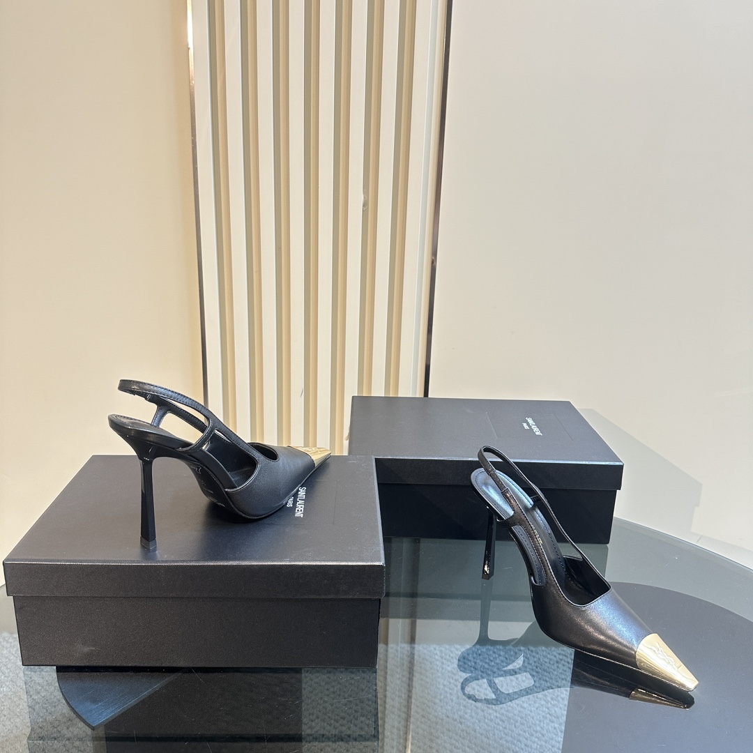 Saint Laurent Women's Black Jeanne 100 Leather Slingback Pumps - DopestKickz
