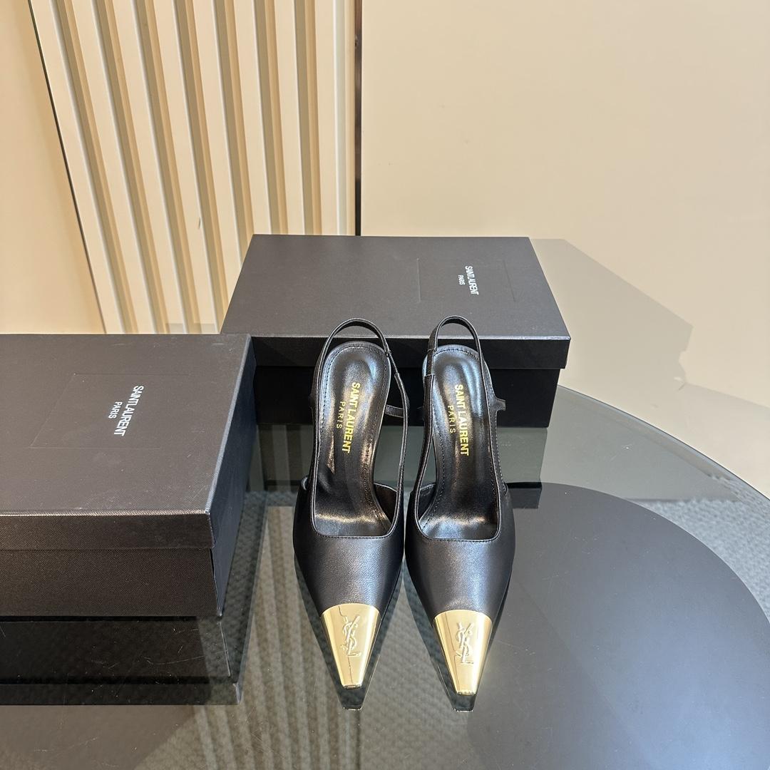 Saint Laurent Women's Black Jeanne 100 Leather Slingback Pumps - DopestKickz