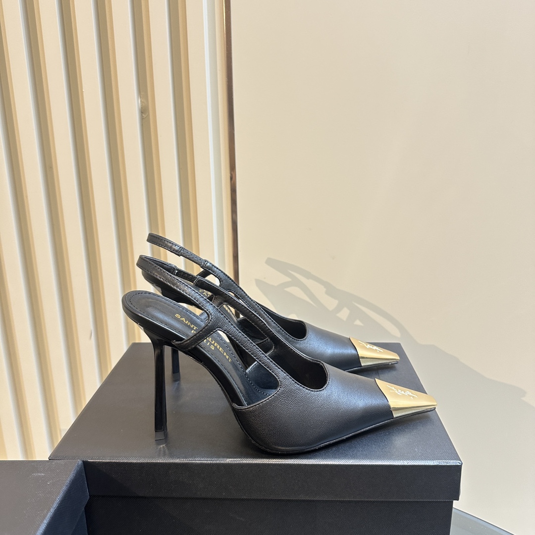 Saint Laurent Women's Black Jeanne 100 Leather Slingback Pumps - DopestKickz