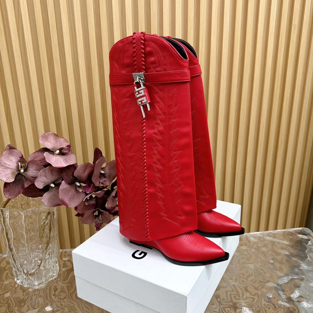 Givenchy Shark Lock Cowboy Boots In Leather With Western Pattern - DopestKickz