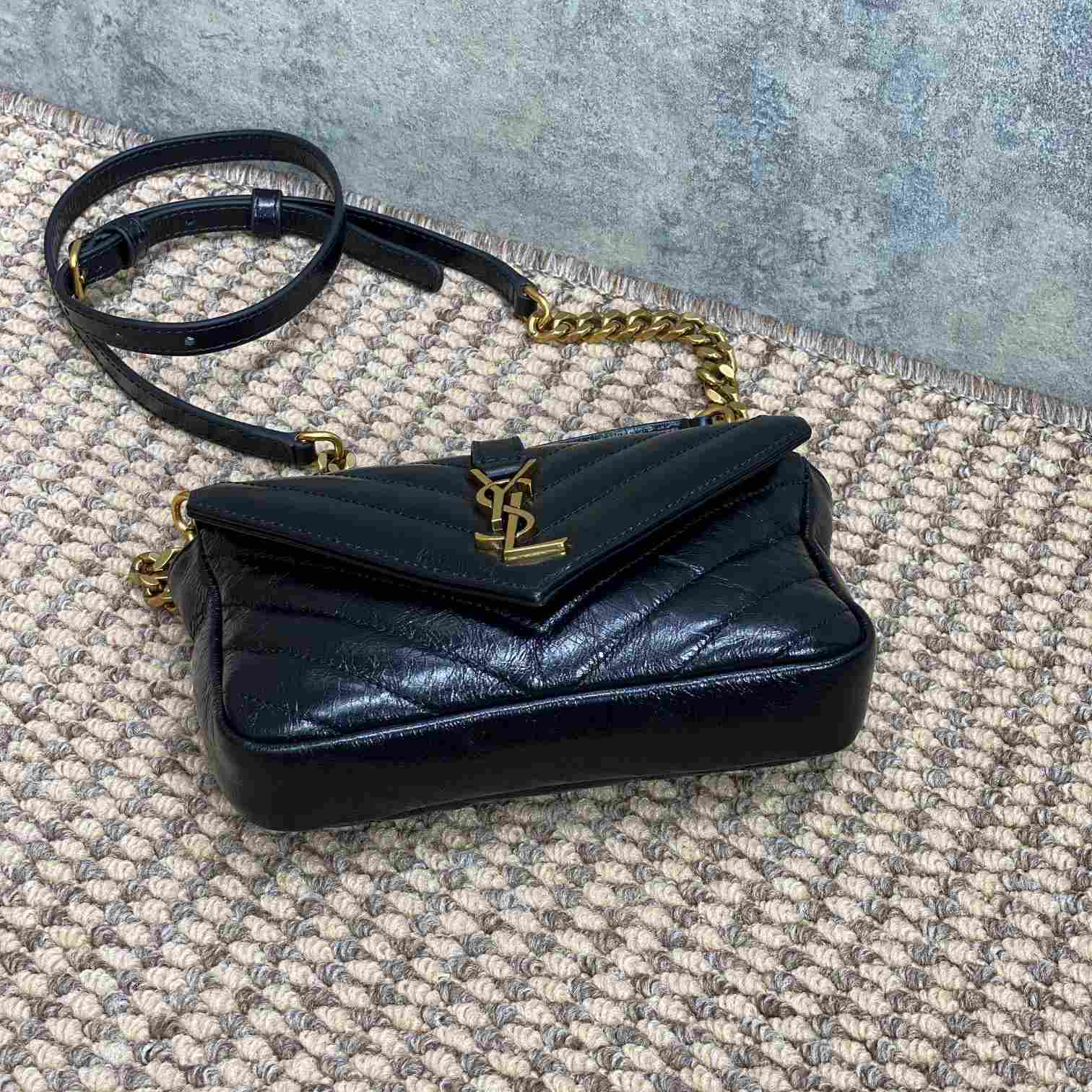 Saint Laurent College Mini Chain Bag In Shiny Crackled Leather - DopestKickz