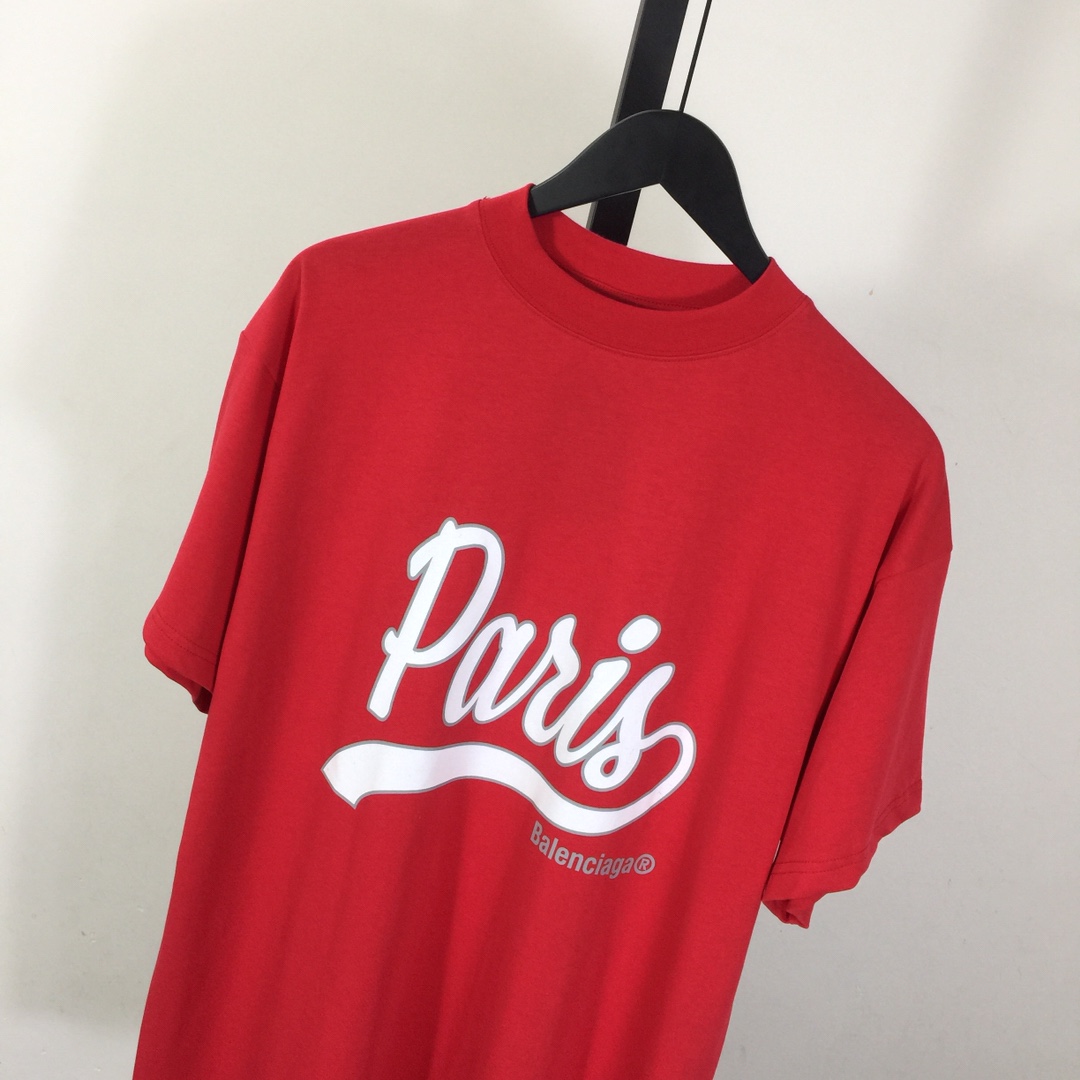 Balenciaga Red White Paris Logo Printed Cotton T-shirt - DopestKickz