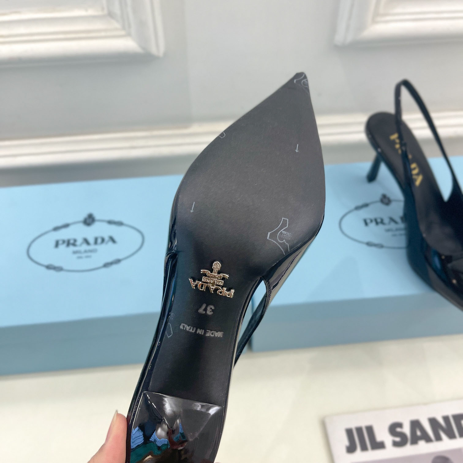 Prada 75m Patent Leather Slingback Pumps - DopestKickz