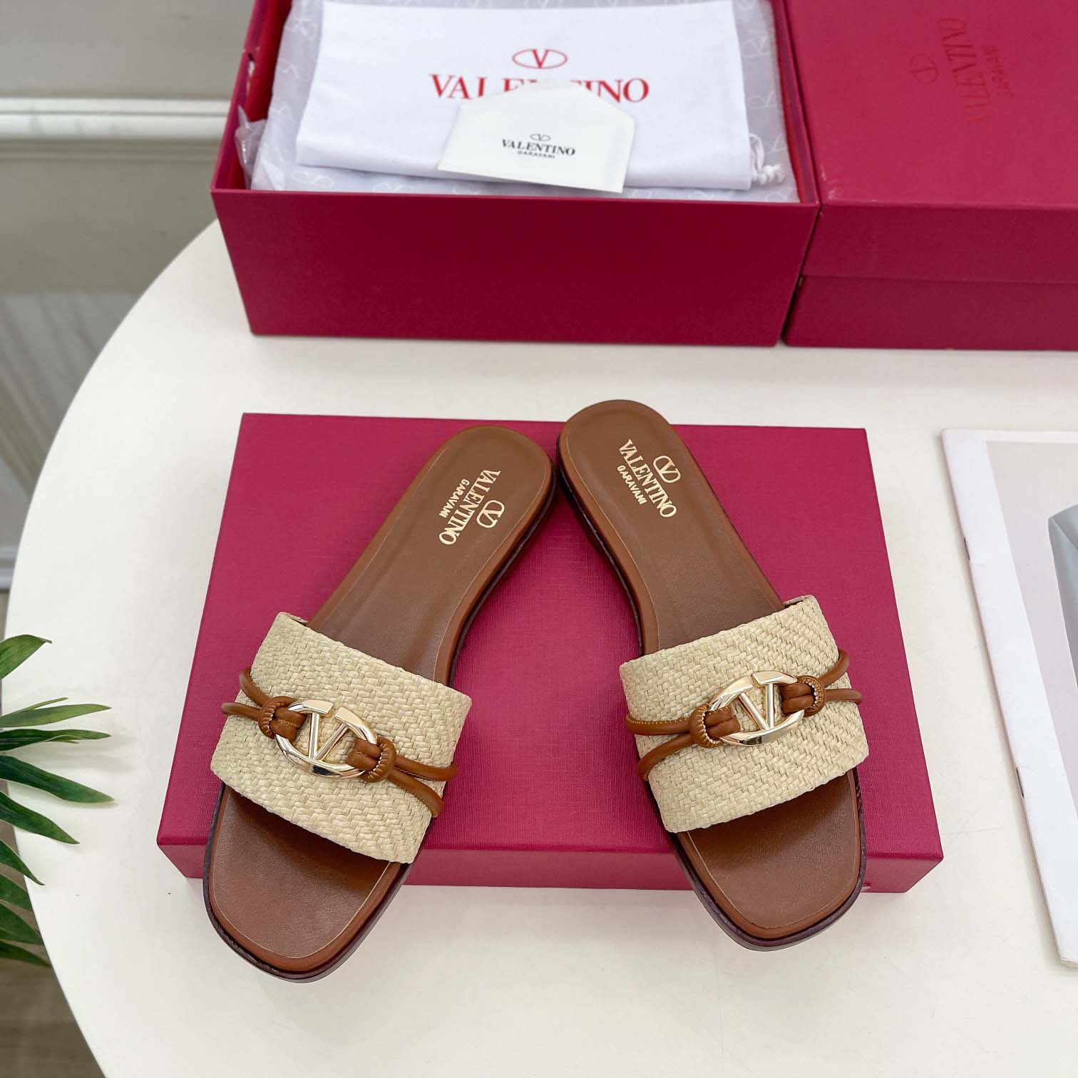 Valenti Garavani VLogo Raffia-trimmed Leather Slides - DopestKickz