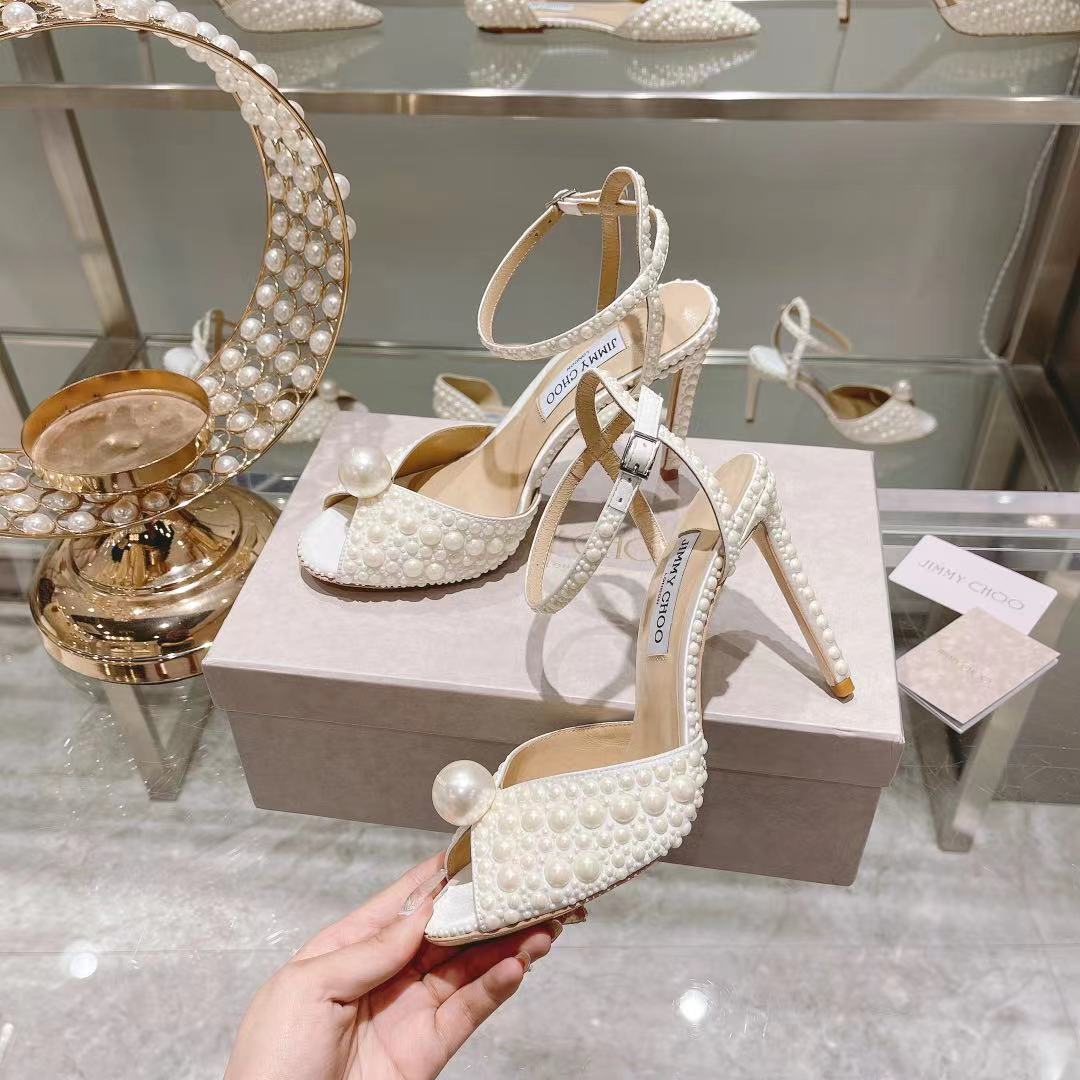 Jimmy Choo White Satin Sandals with All Over Pearls - DopestKickz