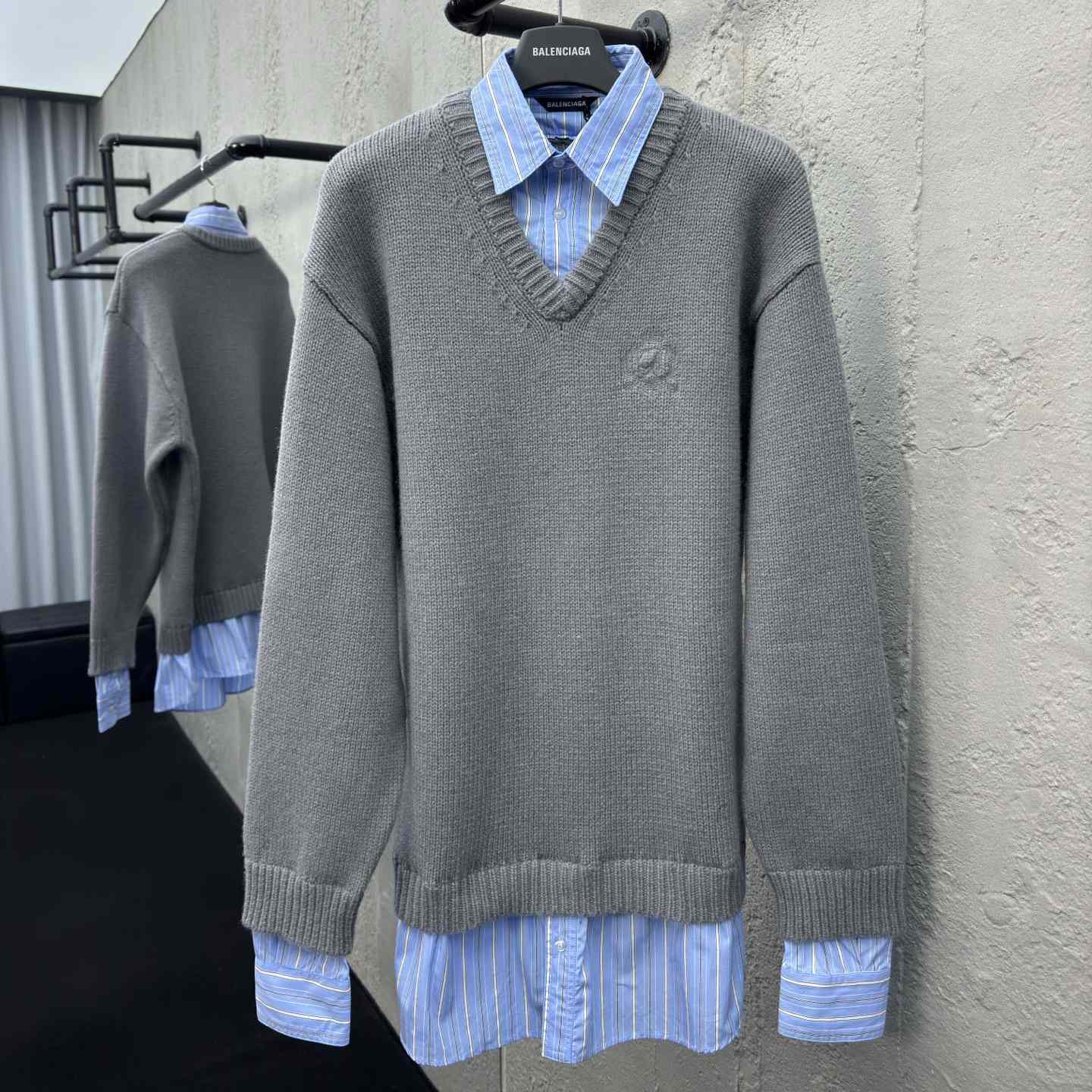 Balenciaga Layered Shirt V-Neck Sweater In Grey - DopestKickz