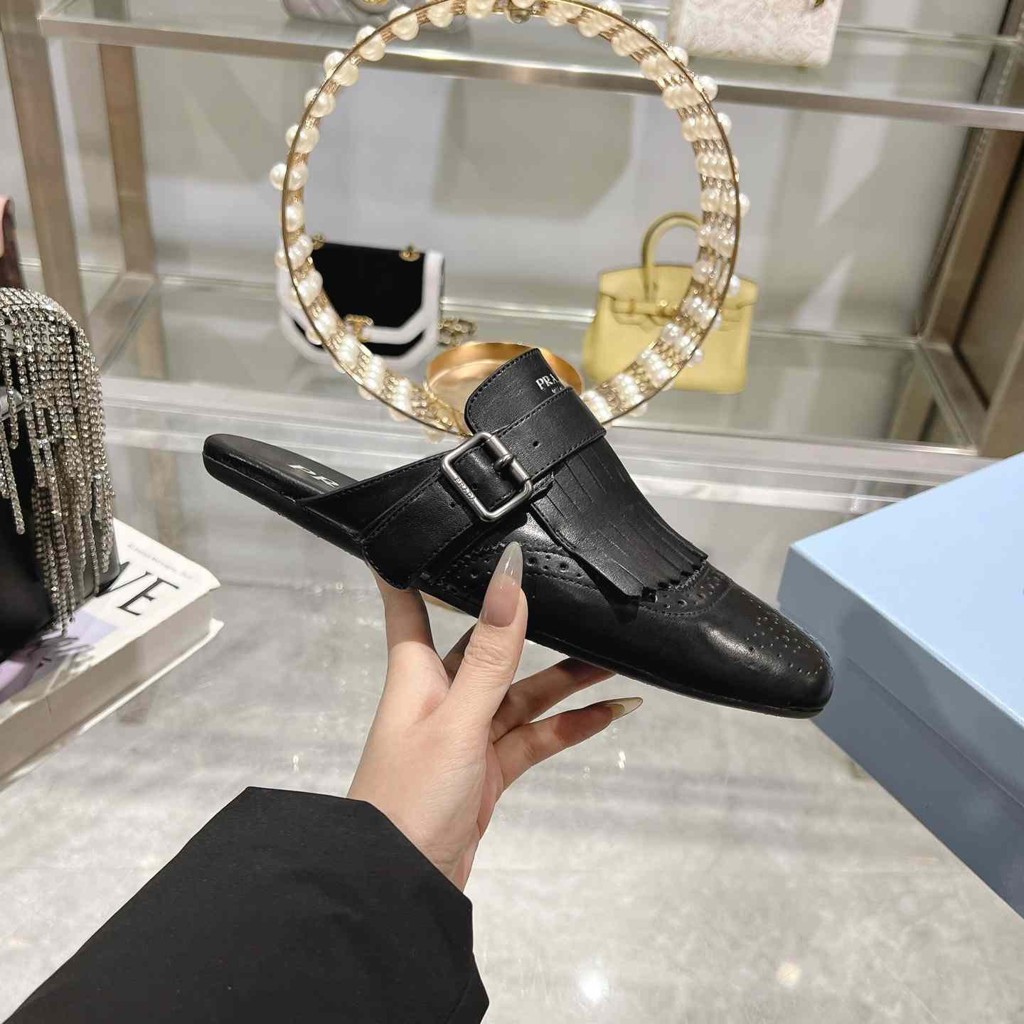 Prada Shuffle Fringed Monk Strap Leather Mules - DopestKickz