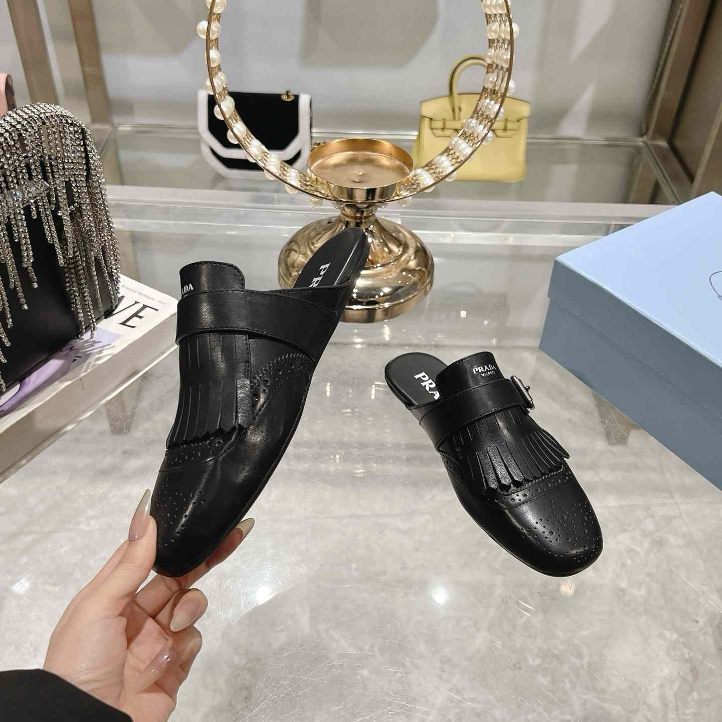 Prada Shuffle Fringed Monk Strap Leather Mules - DopestKickz