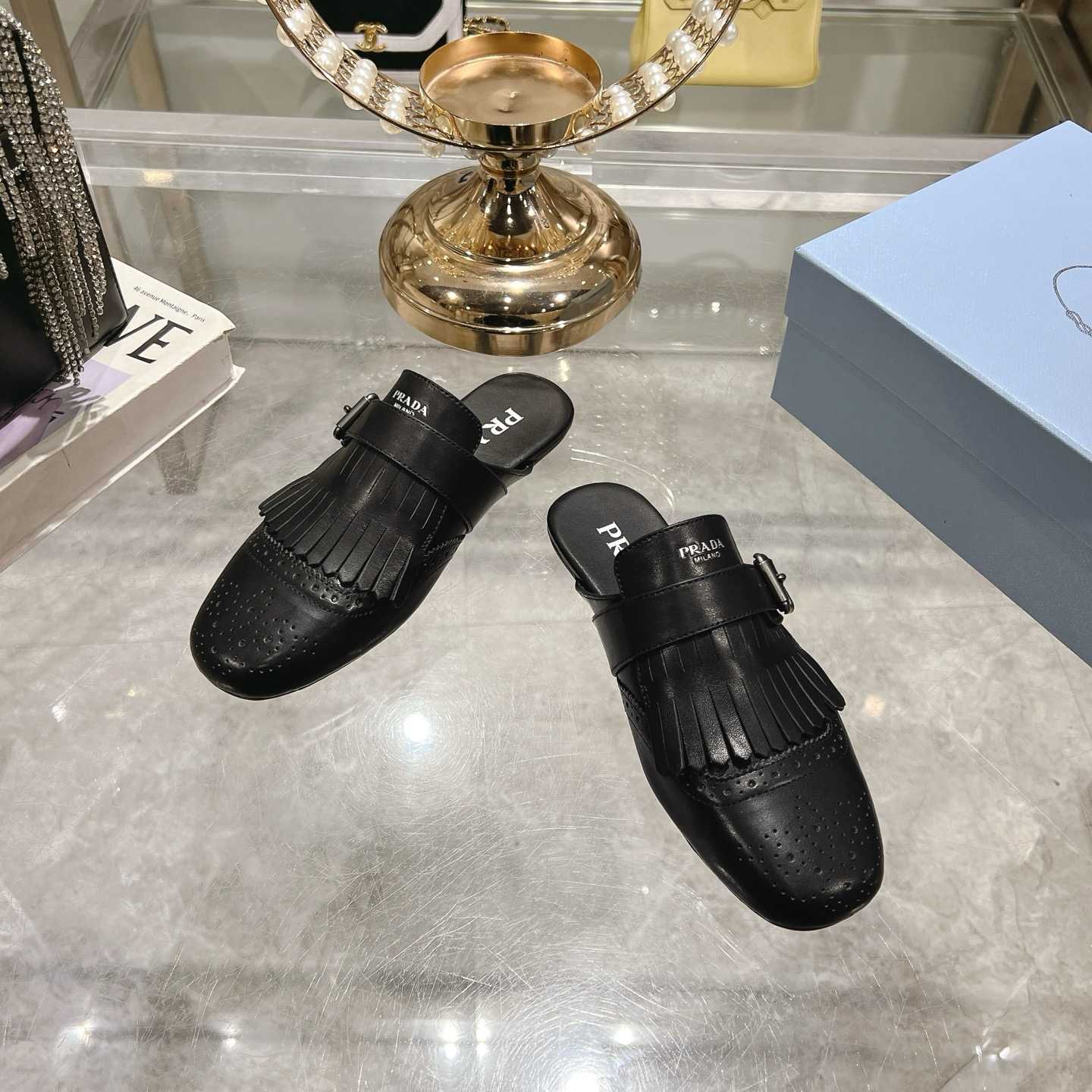 Prada Shuffle Fringed Monk Strap Leather Mules - DopestKickz
