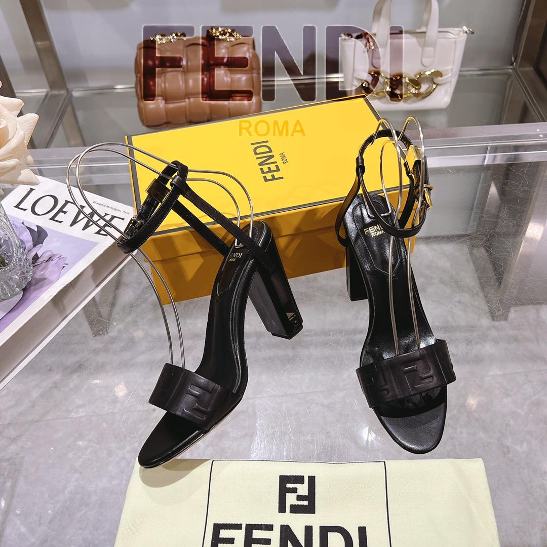 Fendi Delfina Black FF Nappa Leather High-heeled Sandals - DopestKickz
