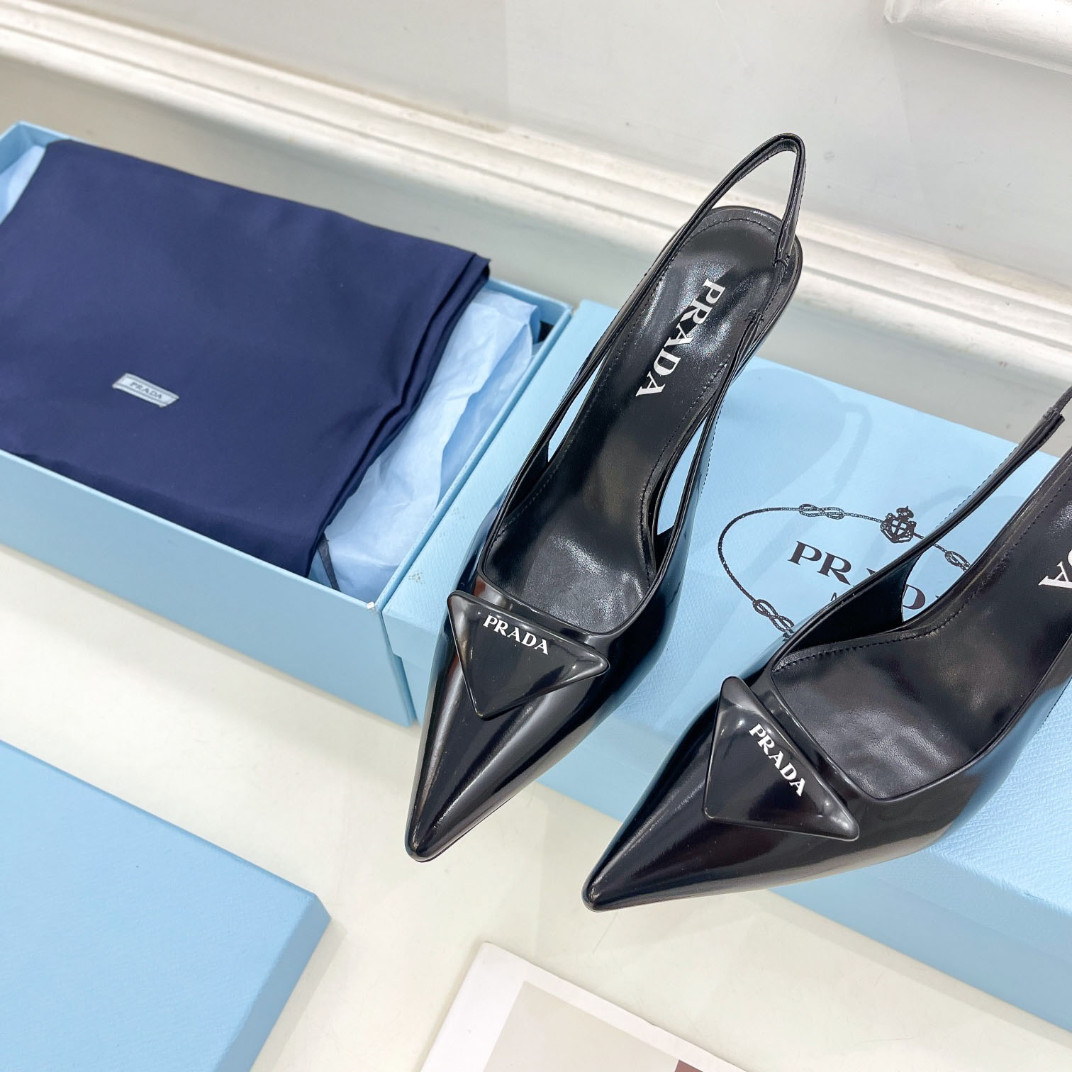 Prada Black Brushed Leather Slingback Pumps  75mm - DopestKickz