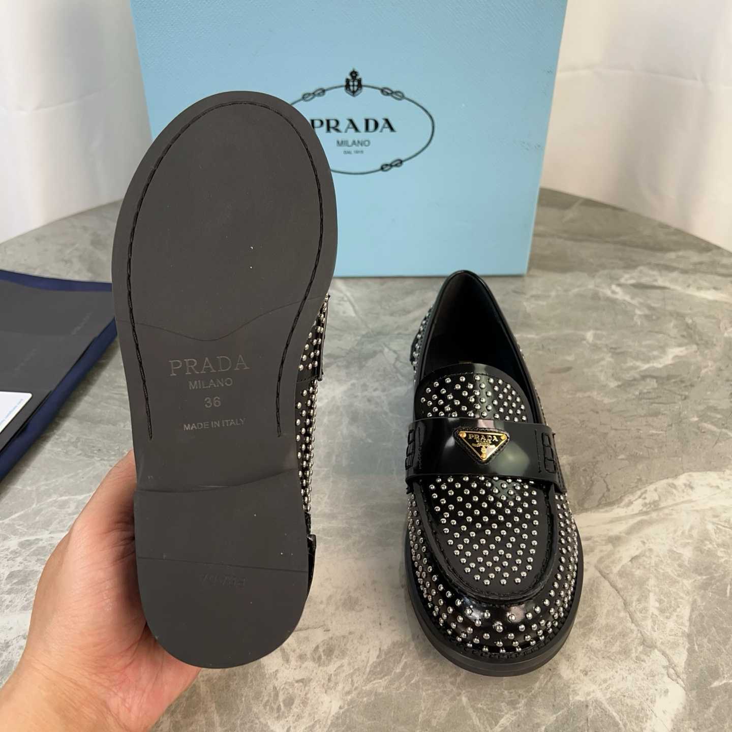 Prada Studded Brushed Leather Loafers - DopestKickz