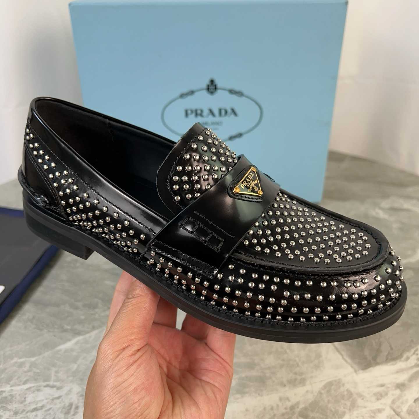 Prada Studded Brushed Leather Loafers - DopestKickz