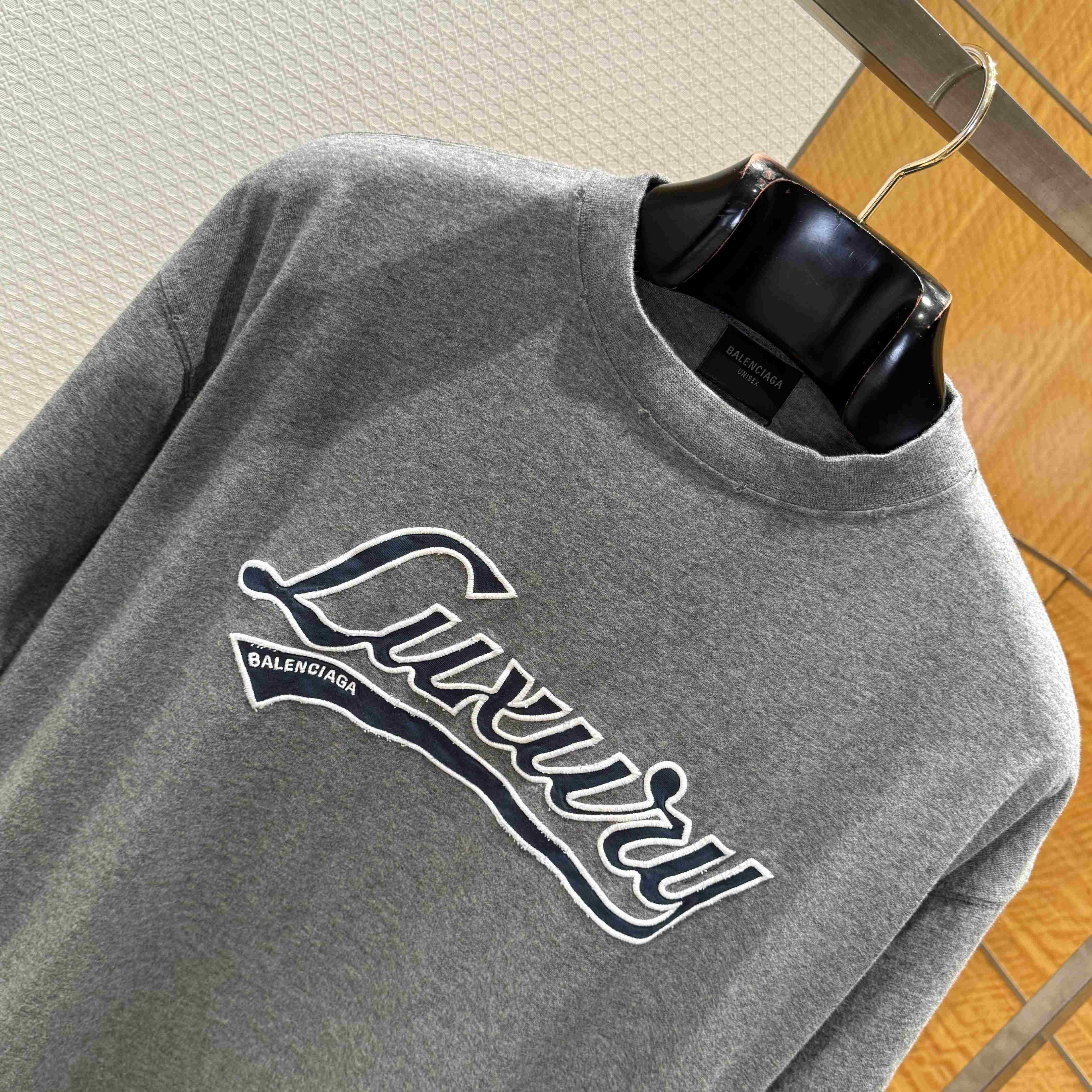 Balenciaga Luxury Script Oversized T-Shirt In Dark Heather Grey And Blue Dry Jersey - DopestKickz