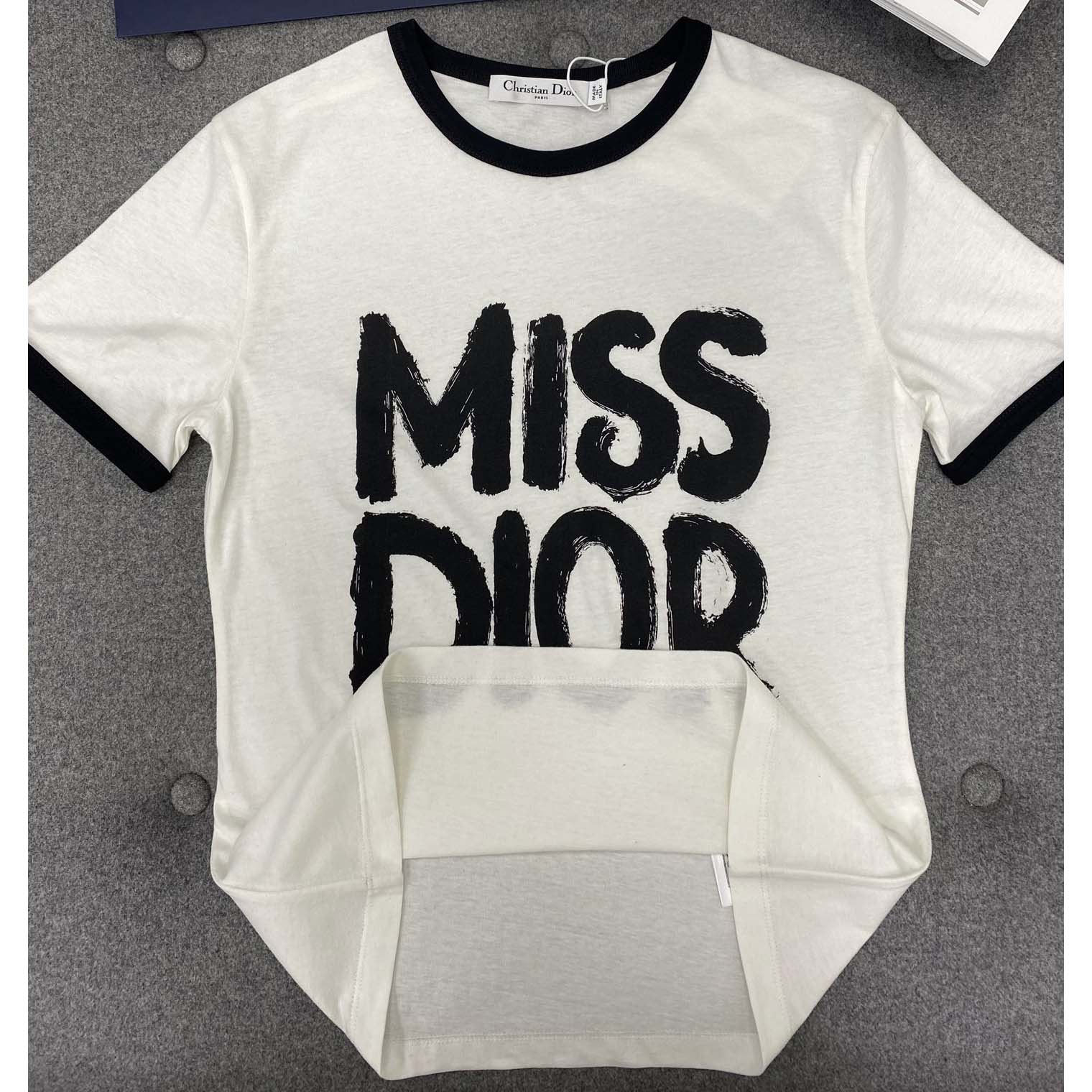 Dior T-Shirt White Cotton and Linen Jersey with Red Miss Dior Graffiti Motif - DopestKickz