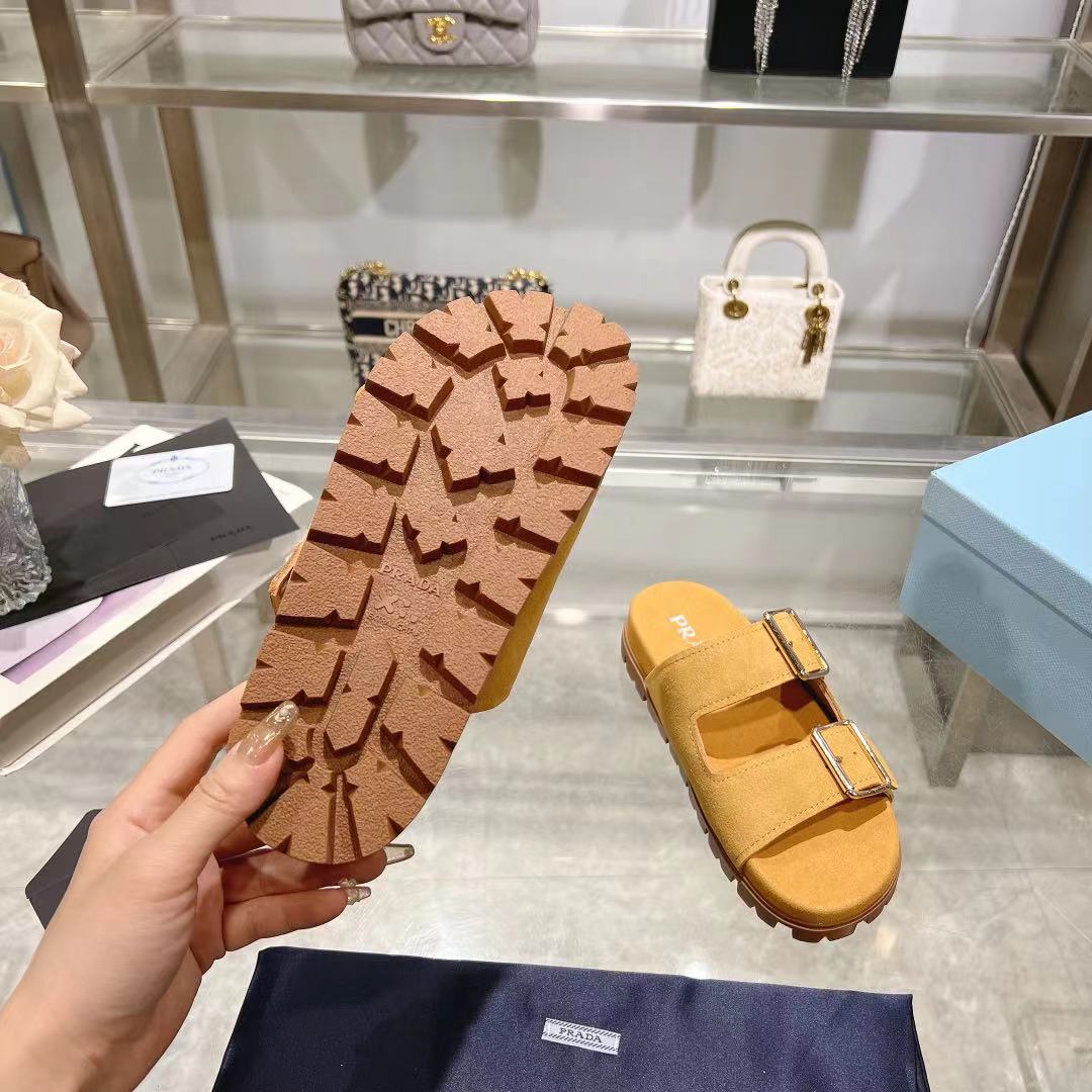 Prada Ecru Suede Strap Slides  - DopestKickz