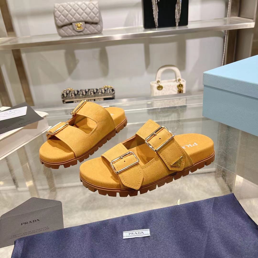 Prada Ecru Suede Strap Slides  - DopestKickz