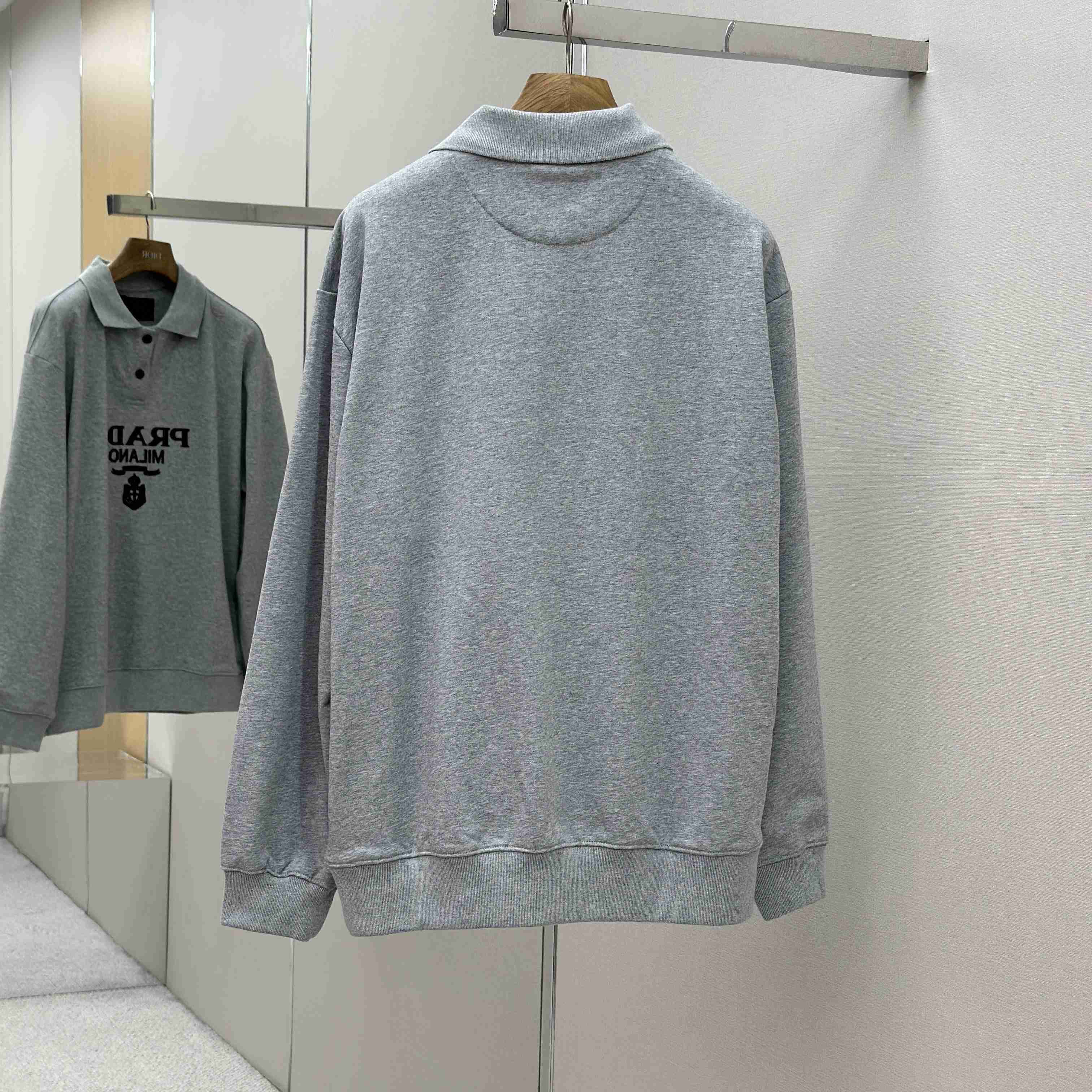 Prada Marble Gray Long-sleeved Cotton Polo Shirt - DopestKickz