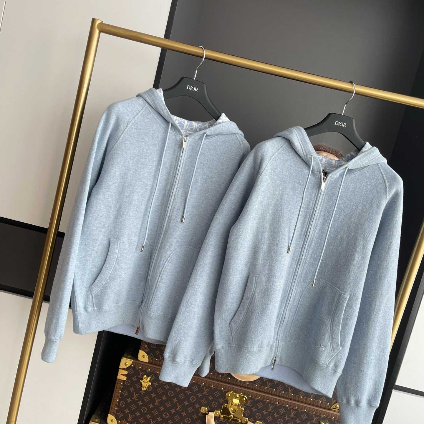 Dior Hooded Track Jacket Blue Cotton and Cashmere Knit  - DopestKickz