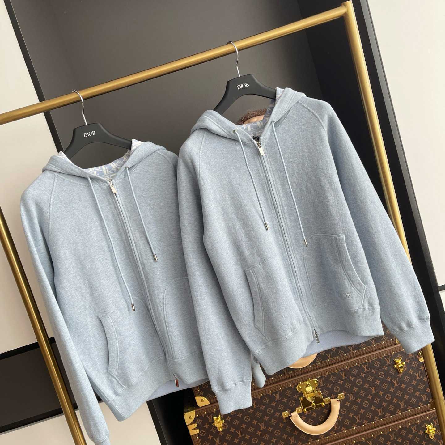 Dior Hooded Track Jacket Blue Cotton and Cashmere Knit  - DopestKickz