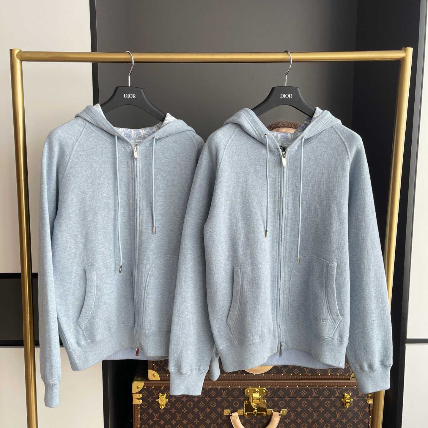 Dior Hooded Track Jacket Blue Cotton and Cashmere Knit  - DopestKickz